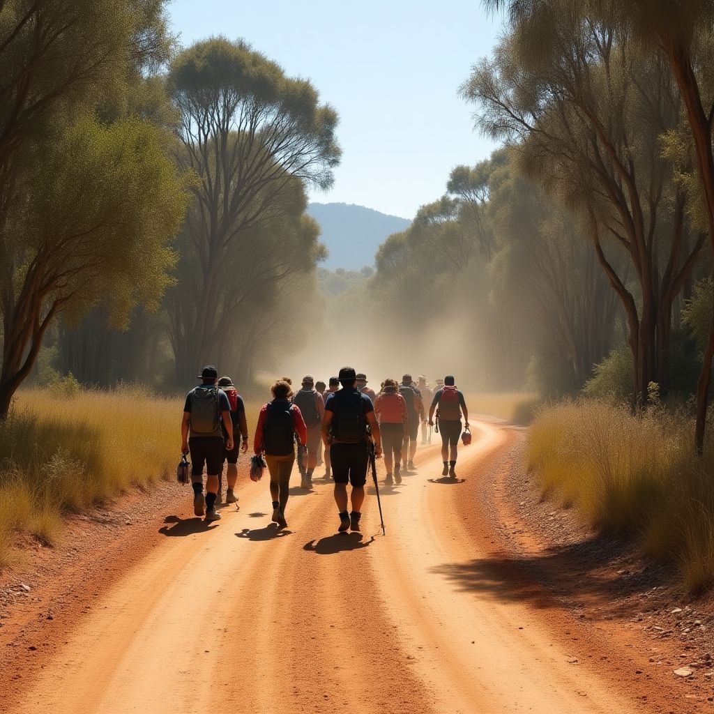 A small group of people walking on a trail in the Australian bush.
