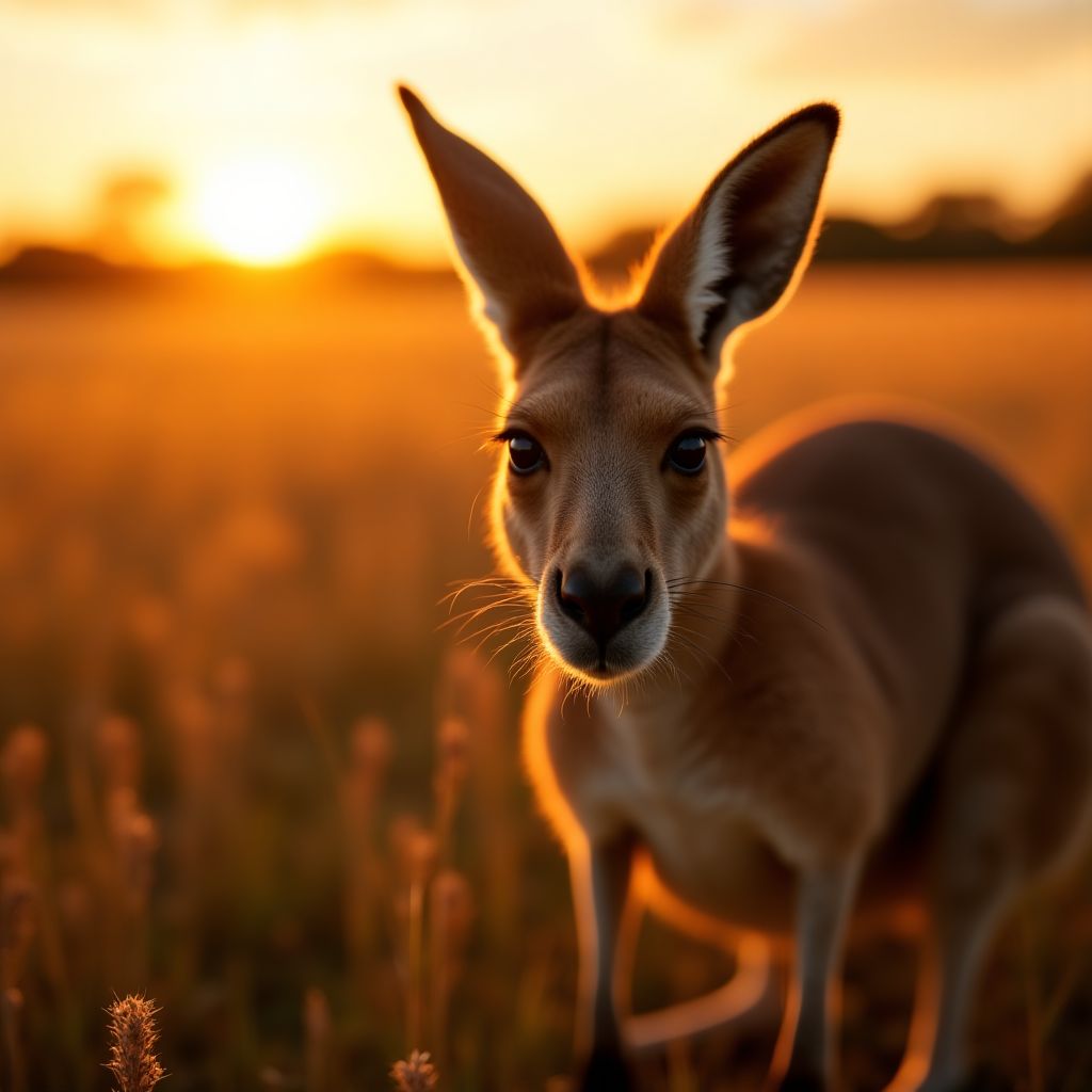 A person taking a photo of a kangaroo at dawn.