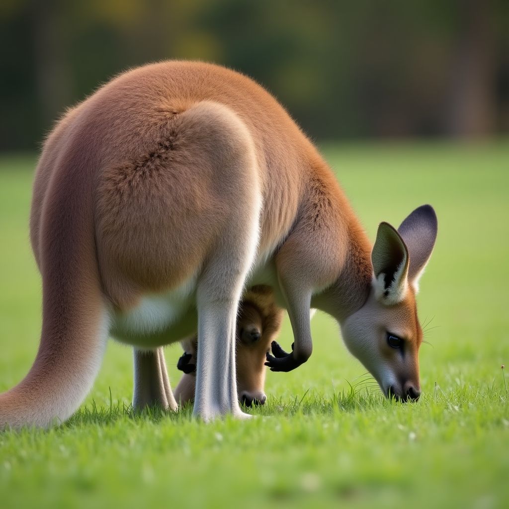 A baby kangaroo (joey) peeking out from its mother's pouch.