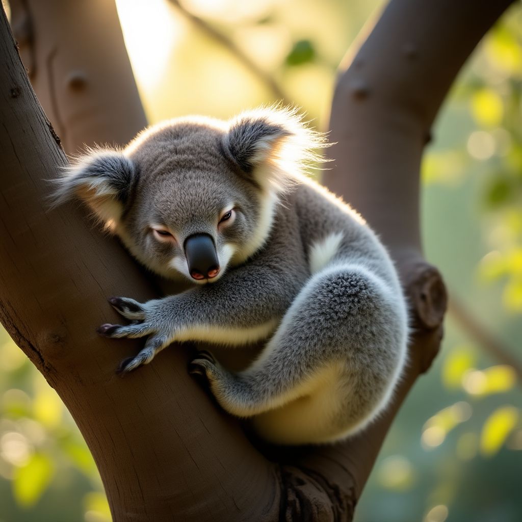 A sleepy koala clinging to a eucalyptus tree branch.